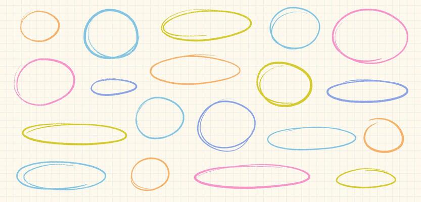 Hand Drawn Crayon Oval Round Shape Set. Line Stroke Chalk Emphasis Frames