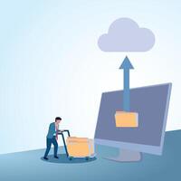 A man carries a folder to a laptop to upload to the cloud. A metaphorical illustration for data archive, file management and document access. vector