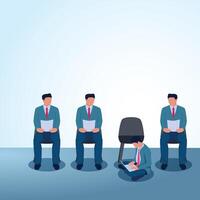 A man works with a laptop while another sits on a chair holding a proposal. A metaphorical illustration of being different from others, unique and having initiative. vector