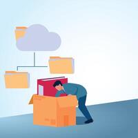 A man searches for data in a cardboard binder next to a cloud server. A metaphorical illustration for data archive, file organization and document access. vector