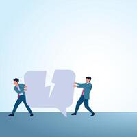 Two men pulling each other's chat bubble until it rips. A metaphorical illustration of broken communication, misunderstandings and disagreements. vector