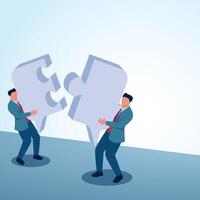 Two men holding mismatched chat bubbles. A metaphorical illustration of communication breakdowns, misunderstandings and disagreements. vector