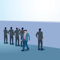 A man turns away from the wall while another stands facing the wall. A metaphorical illustration of being different from others, unique and having initiative. vector