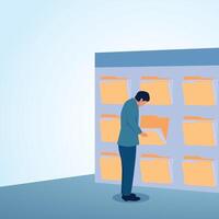 A man looking for a folder in a file cabinet. A metaphorical illustration for archiving data, organizing files and accessing documents. vector