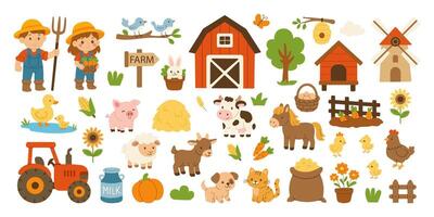 A farm scene with a sign that says Farm in the foreground. There are several farm animals, including a horse, a cow, and a chicken. A tractor is also present in the scene vector