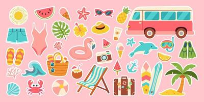 A collection of stickers featuring beach and travel themes. The stickers include items such as a bikini, sunglasses, a camera, a suitcase, a car, a boat, a palm tree, and a surfboard vector