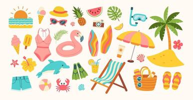 A collection of beach items including a swimsuit, a hat, a camera, a surfboard, a beach umbrella, and a pair of flip flops vector