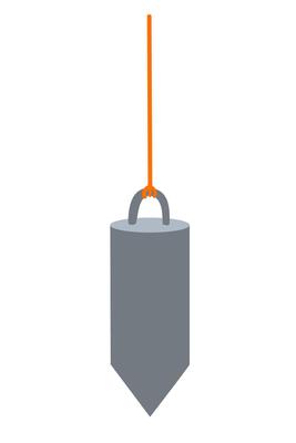 Plumb bob suspended on an orange string, hand drawn flat illustration.