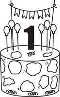 A line art illustration of a birthday cake decorated with 1 candle and various circular patterns vector