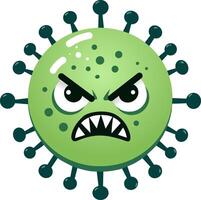 Angry green virus cartoon character with fierce eyes and sharp teeth. Ideal for illustrating danger, infection threats, germs, or educational health materials vector