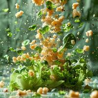 A salad is being tossed in the air, with pieces of lettuce photo