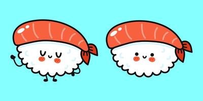 Two happy sushi characters with cute expressions stand on a blue background, perfect for food-related content. vector