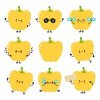 Various cartoon yellow bell peppers expressing different moods and actions in a cute and funny way. vector