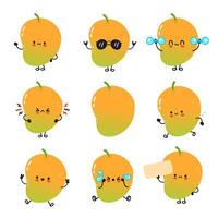 A collection of cute cartoon mango characters with various facial expressions and actions. vector