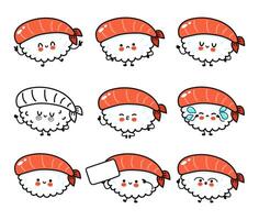 Playful illustrations of sushi with different expressions, perfect for children s books and food blogs. vector