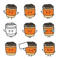 Charming animated Coffee cups with happy, sad, and loving expressions. Hand-drawn kawaii character illustration set, perfect for stickers, cafe branding, and mood-themed designs on white background. vector