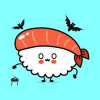 A cute sushi character celebrates halloween with bats and a spider on a string, smiling. vector