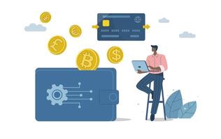 Cryptocurrency transactions and online banking, Bitcoin digital wallet, Male investor trading cryptocurrency via application and credit card, Cryptocurrency wallet technology, Flat design. vector