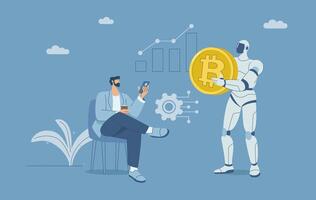 Male investor with robots and bitcoin trade, Use of automated cryptocurrency trading robot, New innovation, Use of cryptocurrency speculation robots, Trading strategies to achieve goals. vector