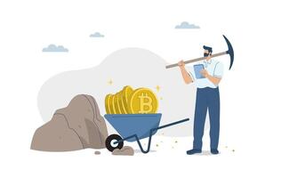 Bitcoin mining and blockchain technology, Process by which new Bitcoins are created in the system, New financial innovation, Male investor with cryptocurrency mining, Flat illustration. vector