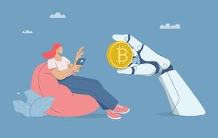 Use of automated cryptocurrency trading robot, New innovation, Use of cryptocurrency speculation robots, Trading strategies to achieve goals, Female investor with robots and bitcoin trade. vector