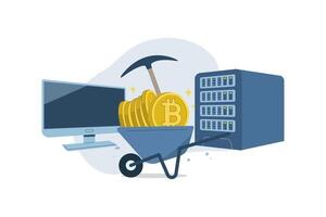 Bitcoin mining and blockchain technology, Process by which new Bitcoins are created in the system, New financial innovation, Cryptocurrency mining, Flat illustration. vector