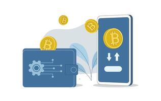 Bitcoin digital wallet, Cryptocurrency transactions and banking on smartphone, Buying digital currency on mobile phone, Digital currency wallet technology, Flat design illustration. vector