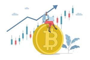 Cryptocurrency trading, Bitcoin and cryptocurrency investment, Blockchain technology, Female investor using computer sitting on bitcoin coin with candlestick price chart, desing illustration. vector