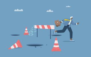 Avoiding obstacles, Traps along the business path, Businessman runs through holes and obstacles to achieve business success, Overcoming difficulties, Skills and abilities to achieve victory. vector