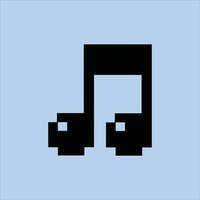 A black pixelated musical note icon in retro 8-bit style on a blue soft canvas vector