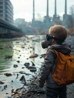 Gas Masked Youth in Contaminated River Scene photo