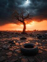 Withered Tree Amidst Cracked Earth and Discarded Tires photo