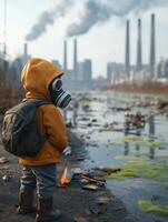 Debris Floating in River Beside Gas Masked Child photo