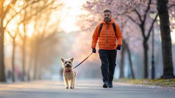 Dog Walker Enjoying Blossoms in Vibrant Urban Park photo