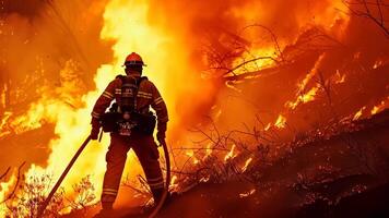 A firefighter battles a blazing wildfire, symbolizing bravery and danger, related to disaster response video