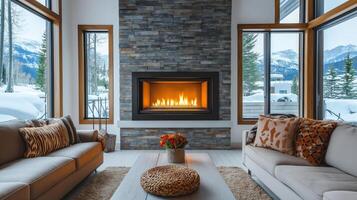 Cozy Fireplace Modern Style Warm Accents Inviting Space photo