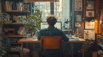 Dynamic Remote Worker Urban Apartment Modern Industrial Style Natural Light photo