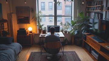 Urban Apartment Home Office Dynamic Vibe Industrial Elements Work from Home photo