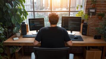Modern Home Office Industrial Accents Natural Light Urban Setting Work from Home photo