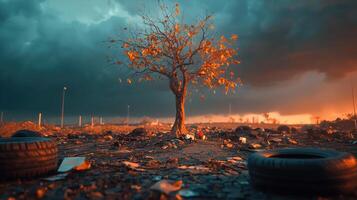 Dramatic Skies Over Withered Tree in Abandoned Terrain photo