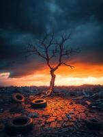 Deserted Earth with Decaying Tree and Tire Pollution photo