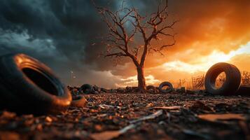 Cracked Earth and Worn Tires Surrounding a Dying Tree photo