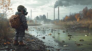 Environmental Crisis Child Stands by Polluted Water photo