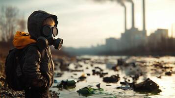 Lonely Child in Gas Mask by Polluted River photo