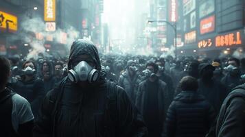 Streetlights Illuminating a Masked Crowd in a Polluted City photo