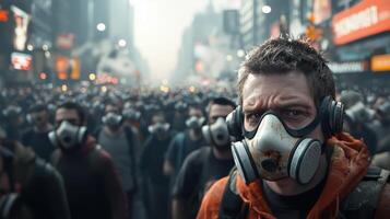 Smog-Gray Atmosphere Overcrowded with Masked City Dwellers photo