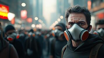 Urban Life Under Smog with Neon Signs and Exhaust Fumes photo