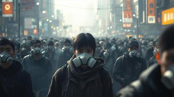 Struggle for Breath in a Neon-Lit, Smog-Filled Metropolis photo