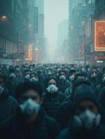 Crowd Wearing Air Masks Amidst Congested Metropolis photo