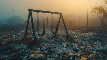 Smog-Filled Sky Over Neglected Plastic-Ridden Play Area photo